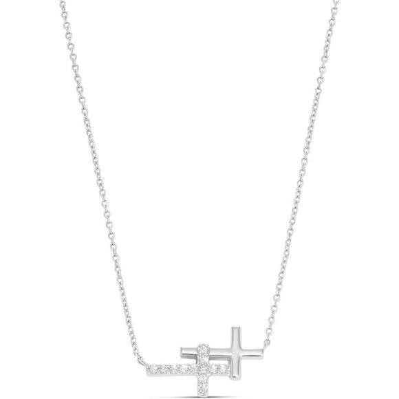 14K Gold Plated Cross Necklace for Women Silver - Sideways - Picture 1 of 6
